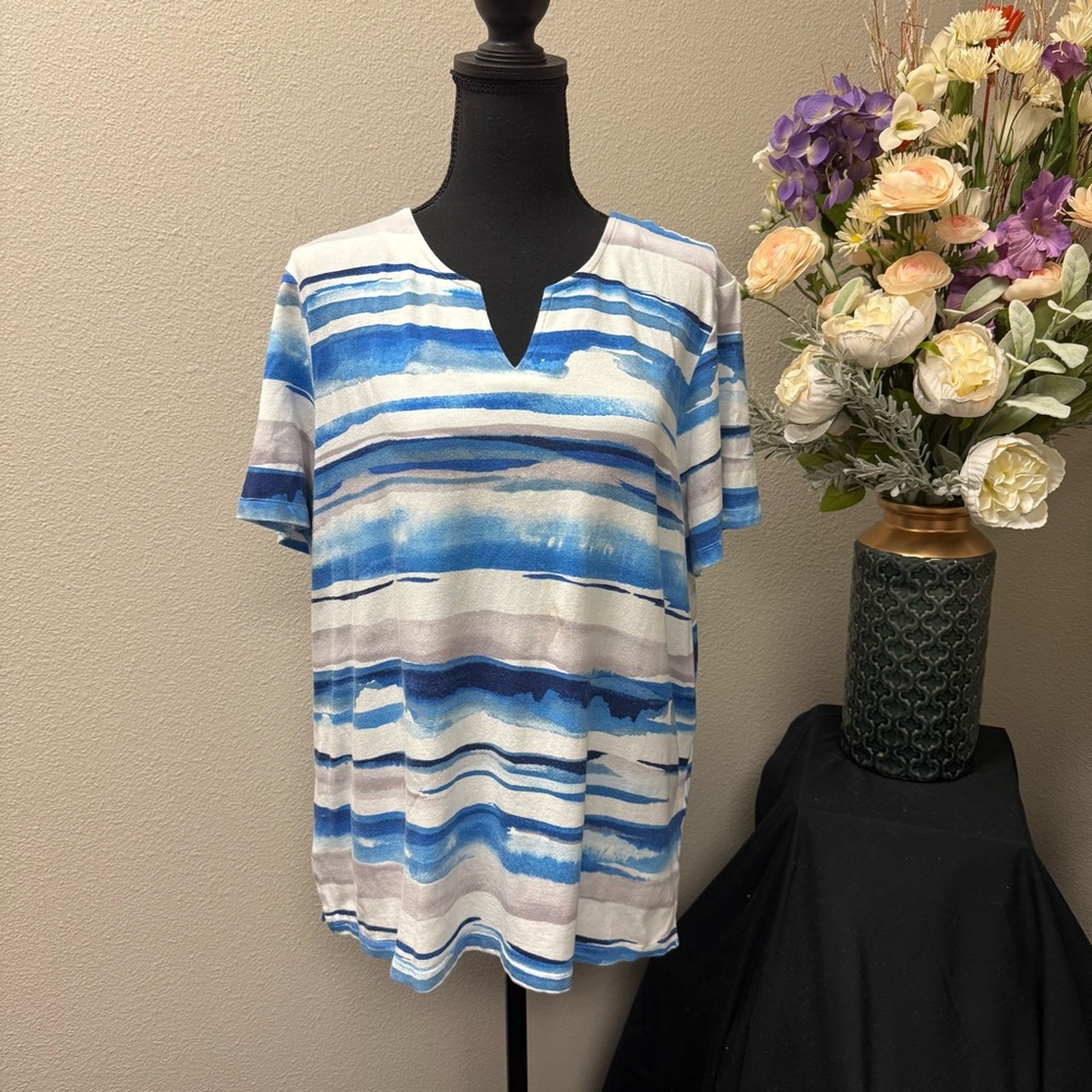 Alfred Dunner Studio Blue White Striped Knit Top L Summer Casual Resort Wear